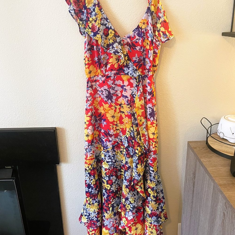 Lulu's Radiant Ruby Red Floral Print Chiffon Maxi Dress